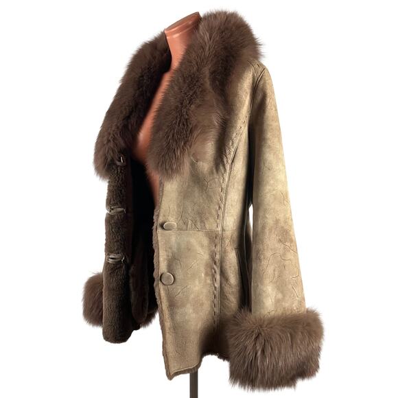 Y2K Shearling Sheepskin Penny lane Fur Leather Coat Blue Fox Trim S-M - Picture 3 of 15